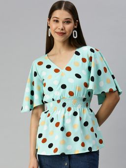 SHOWOFF - Women V-Neck Polka Dots Sea Green Regular Top