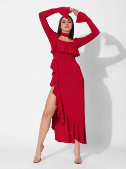 APPAPOP - Charry Side Through Ruffle Dress