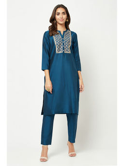Barara Ethnic - Teal Blue Yoke Embroidered Silk Kurta with Pant (Set of 2)