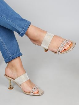 Flat n Heels - Women Double Strap Shimmering Gold Spool Heels