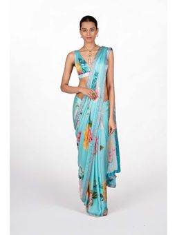 The Whole Nine Yards - Blue Veya Floral Print Saree with Stitched Blouse