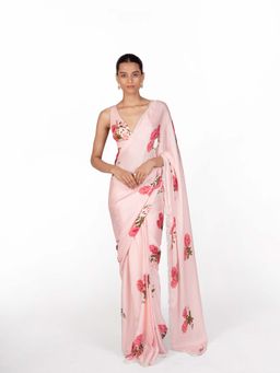 The Whole Nine Yards - Pink Selene Floral Print Saree with Stitched Blouse