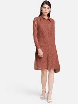 Kazo - Brown Lace Shirt Knee Length Dress