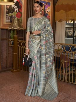 Akhilam - Womens Silk Blend Grey Woven Design Handloom Saree with Unstitched Blouse