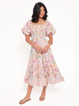 Petal & Pup - Peach Soliel Puff Sleeveprinted Midi Dress