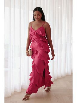 Petal & Pup - Magenta Ciao Ruffles Satin Solid Maxi Dress