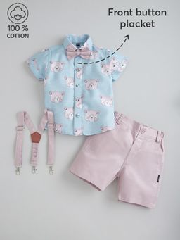 Hopscotch - Blue Printed Shirt and Shorts with Suspenders, Bow (Set of 4)