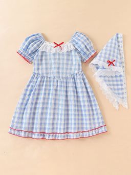Hopscotch - Blue Checks Dress and Head Scarf (Set of 2)