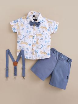 Hopscotch - White Printed Shirt and Shorts with Suspender (Set of 3)