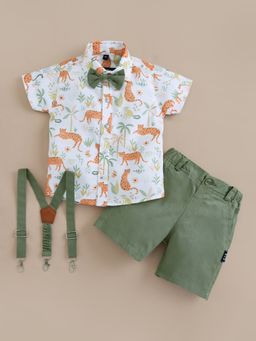 Hopscotch - White Printed Shirt and Shorts with Suspender (Set of 3)