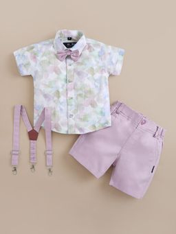 Hopscotch - White Printed Shirt and Shorts with Suspenders, Bow (Set of 4)