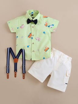 Hopscotch - Green Printed Shirt and Shorts with Suspenders, Bow (Set of 4)