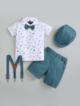 Hopscotch - White Printed Polo T-Shirt, Shorts with Suspender, Bow and Cap (Set of 5)