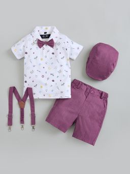 Hopscotch - White Printed Polo T-Shirt, Shorts with Suspender, Bow and Cap (Set of 5)