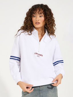 Styli - White Solid Regular Fit Half Zip Sweatshirt