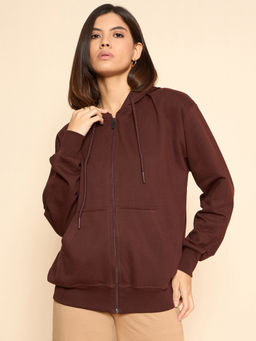 COLOR CAPITAL - Brown Solid Oversized Zipper Hoodie