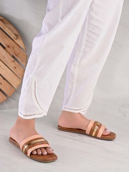 Styli - Women Golden Trim Detail Printed Strap Tan Flats