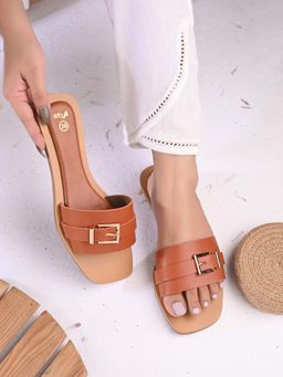 Styli - Women Buckle Detail Strap Lock Brown Flats