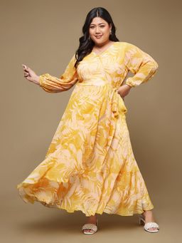 Miss Chase - Yellow Chiffon Full Sleeves Maxi Dress