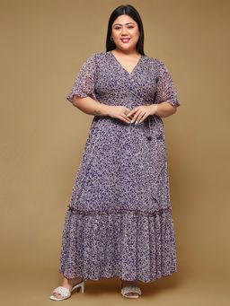 Miss Chase - Purple Chiffon Half Sleeves Maxi Dress
