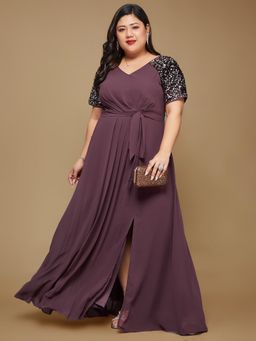 Miss Chase - Mauve Georgette Half Sleeves Maxi Dress