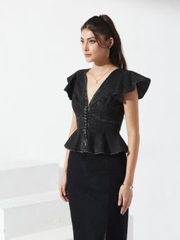Miss Chase - Black Denim Half Sleeves Crop Top