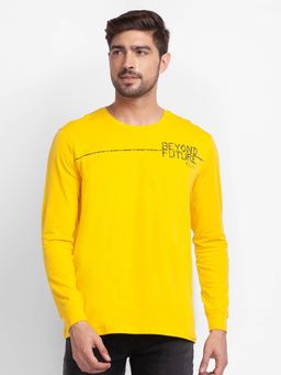 Spykar - Chrome Yellow Cotton Full Sleeve Printed Casual T-Shirt for Men