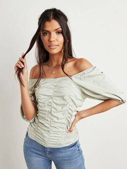 Styli - Green Gathered Puff Sleeves Top