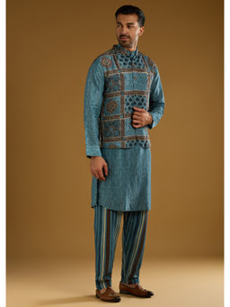 KALKI FASHION - Blue Linen Kurta with Pant & Jacket