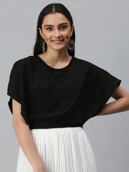 SHOWOFF - Women Round Neck Flare Sleeves Solid Black Top