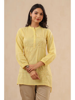 Juniper - Yellow Ethnic Motif Printed Cotton Slub Kurta with Thread & Sequins Work Embroidery