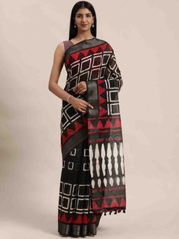 Rajnandini - Womens Black Cotton Silk Geometric Printed Traditional Saree with Unstitched Blouse