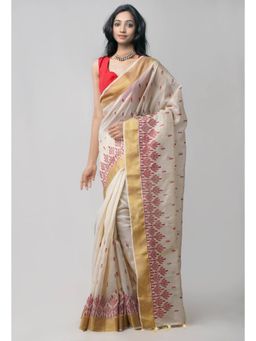 Unnati Silks - Cream Cross Stitched Embroidered Banarasi Tissue Saree with Unstitched Blouse