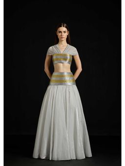 AKHL - Zari Striped Metallic Ensemble Silver Top with Skirt and Underskirt