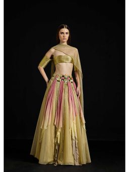 AKHL - Interwoven Gradient Metallic Ensemble Gold Top Skirt with Underskirt and Dupatta