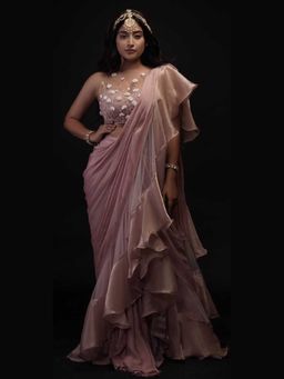 DIVYA SAMAL - Coral Floral Pre-Draped Saree with Blouse