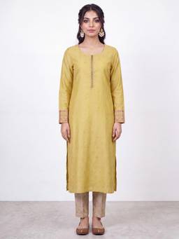 R&B - Women Gold Ethnic Motifs Print Long Sleeves Straight Kurta