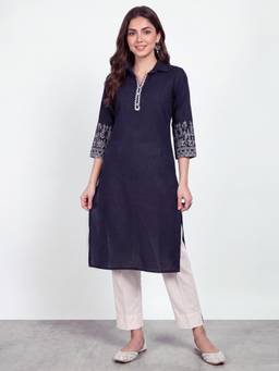R&B - Women Navy Blue Floral Embriodery Straight Kurta