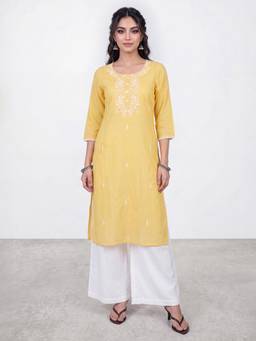 R&B - Women Mustard Floral Embriodery Straight Kurta