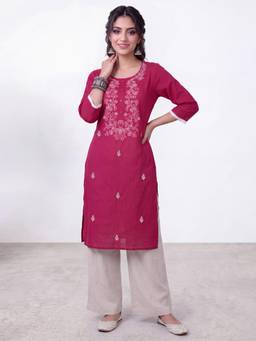 R&B - Women Fuchsia Floral Embriodery Straight Kurta