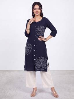 R&B - Women Navy Blue Floral Print Straight Kurta