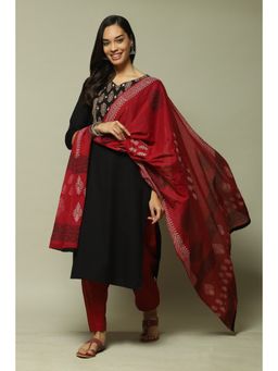 Biba - Black Cotton Unstitched Suit (Set of 3)