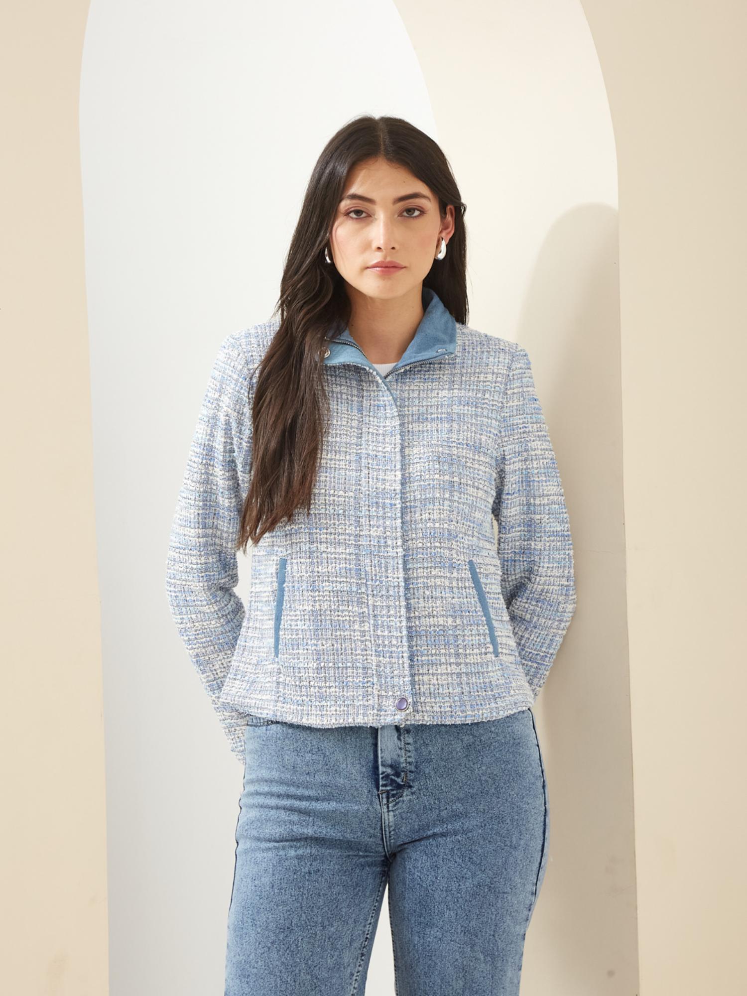 latin quarters Women Blue Collared Long Sleeve Textured Casual Jacket-picture-46