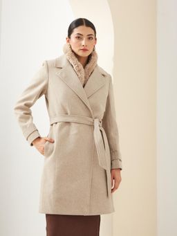 Latin Quarters - Women Beige Collared Long Sleeve Solid Casual Over Coat with Belt