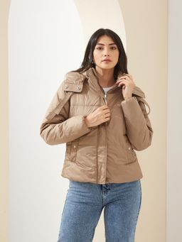Latin Quarters - Women Beige Hooded Long Sleeve Solid Winter Puffer Jacket