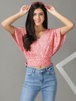 SHOWOFF - Womens Half Sleeves V-Neck Red Printed Top