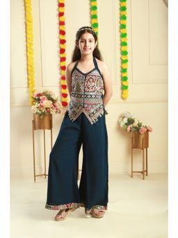 Titrit - Embroidered Georgette Short Kurti with Palazzo-Green