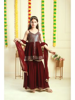 Titrit - Embroidered Georgette Peplum Kurti with Sharara and Dupatta-Burgundy