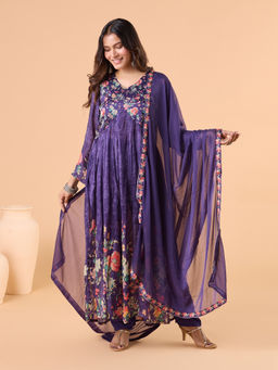 Gahan - Chinon Alia Cut Flared Floral Printed Purple Kurta with Pant and Dupatta (Set of 3)