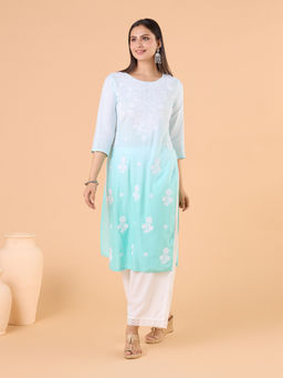 Gahan - Rayon Ombre All Over Chikankari Embroidered Blue Kurta
